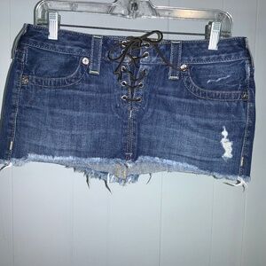 True Religion lace up denim mini Sz 28 raw hem vintage